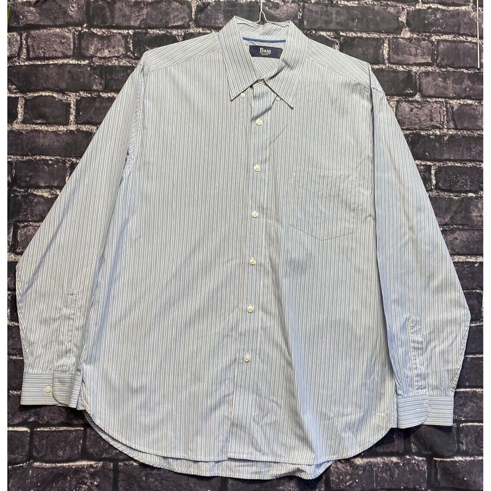 GH Bass Co Button Up Shirt Mens Large Blue White Vertical Striped Cotton Classic